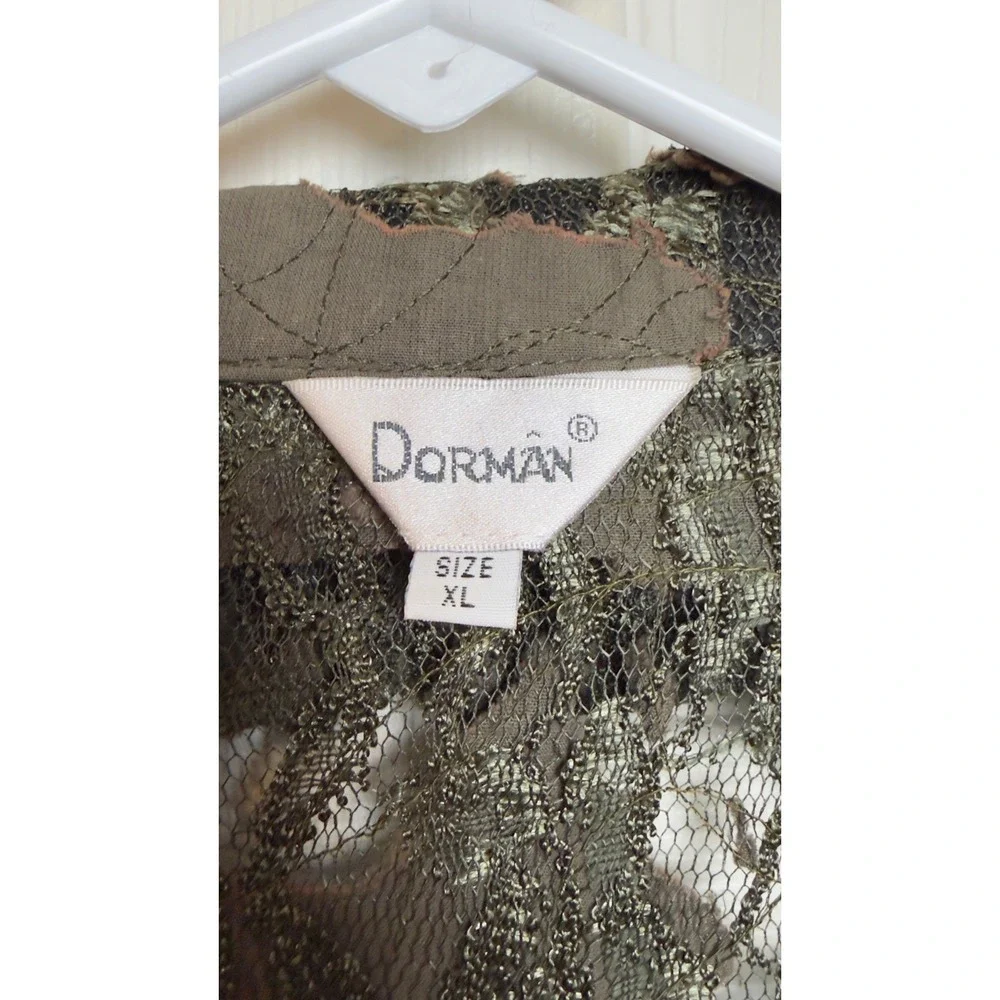 Dorman Womens XL Olive Green Floral‎ Lace Applique Open Front Art To Wear Jacket